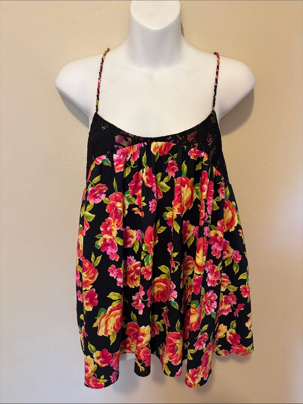 Victoria's Secret Black Floral Braided-Strap Tank